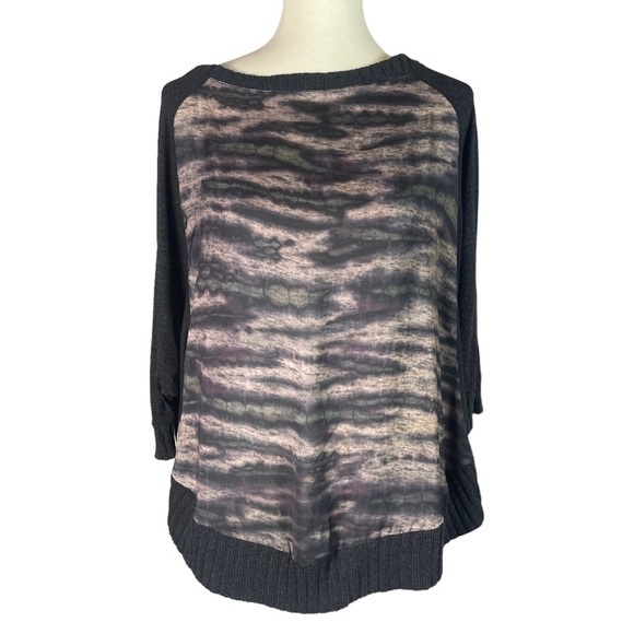 Zara Black Gray Wide-Neck Knit Top Front Design 3/4 Sleeves - Size Medium - Picture 1 of 9